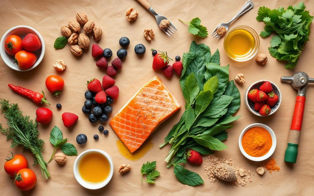 A seven-day meal plan spread with colourful dishes
