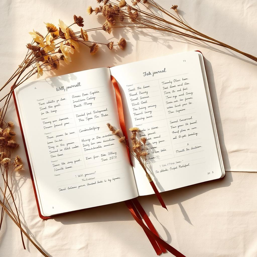 A thick 90-day wellness journal with ribbons and pressed flowers