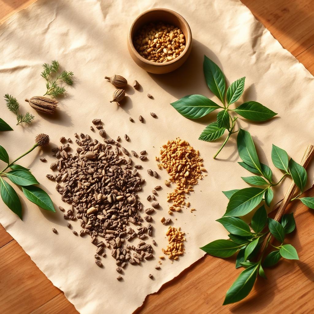 Adaptogenic roots and powders in small bowls on a calm wooden surface
