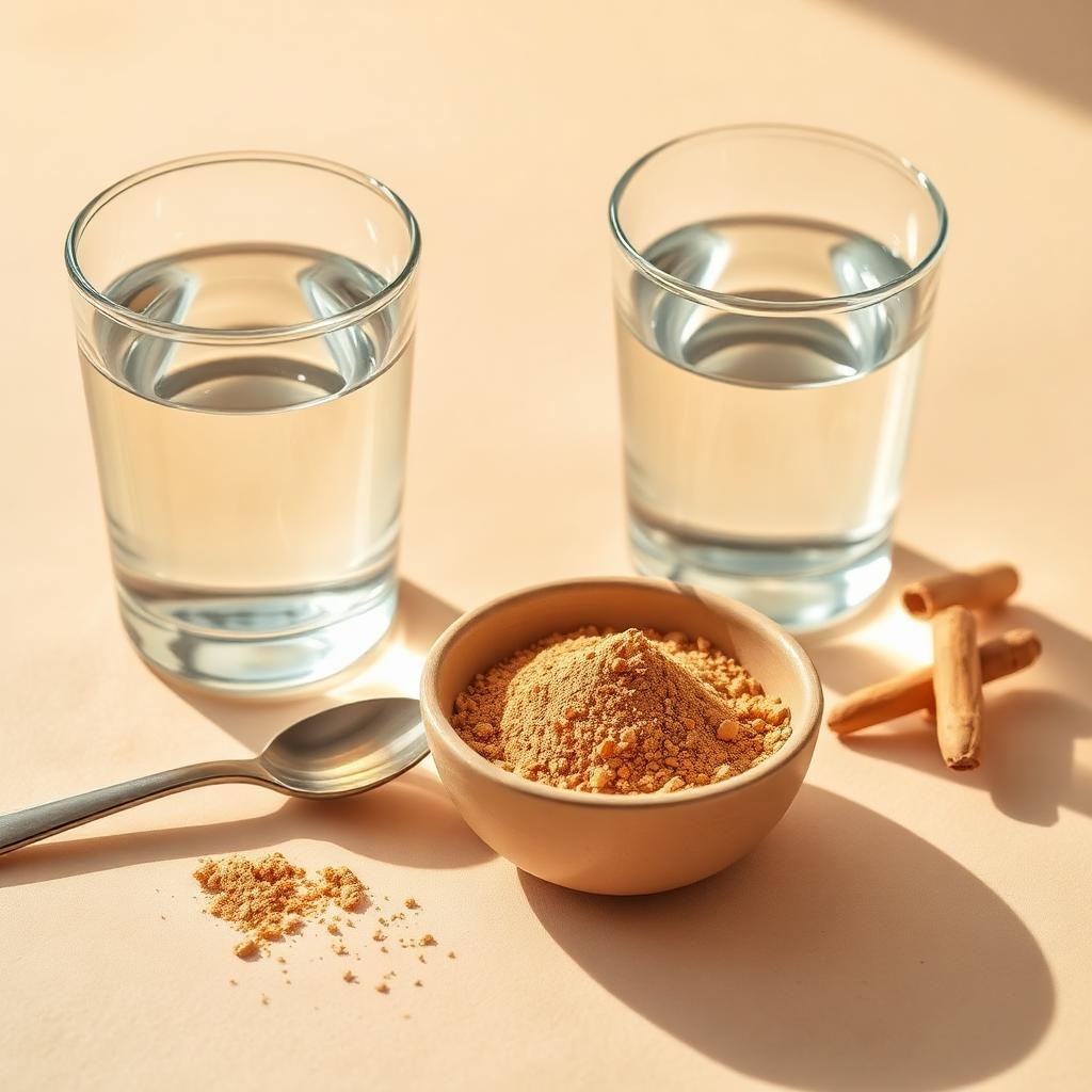 Ashwagandha root powder and dried root on a clean wooden board