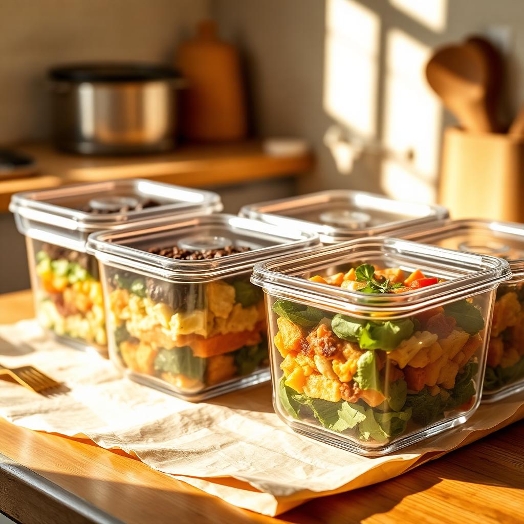 Glass meal-prep containers with varied meals on a counter