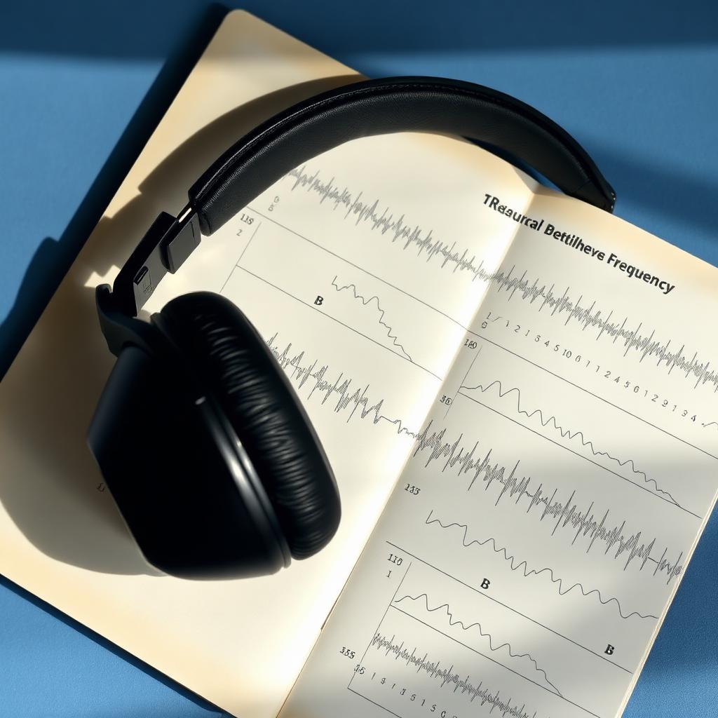 Headphones and brainwave frequency chart on a minimal desk