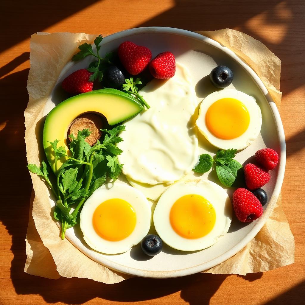 A protein-rich breakfast with eggs, greens and avocado