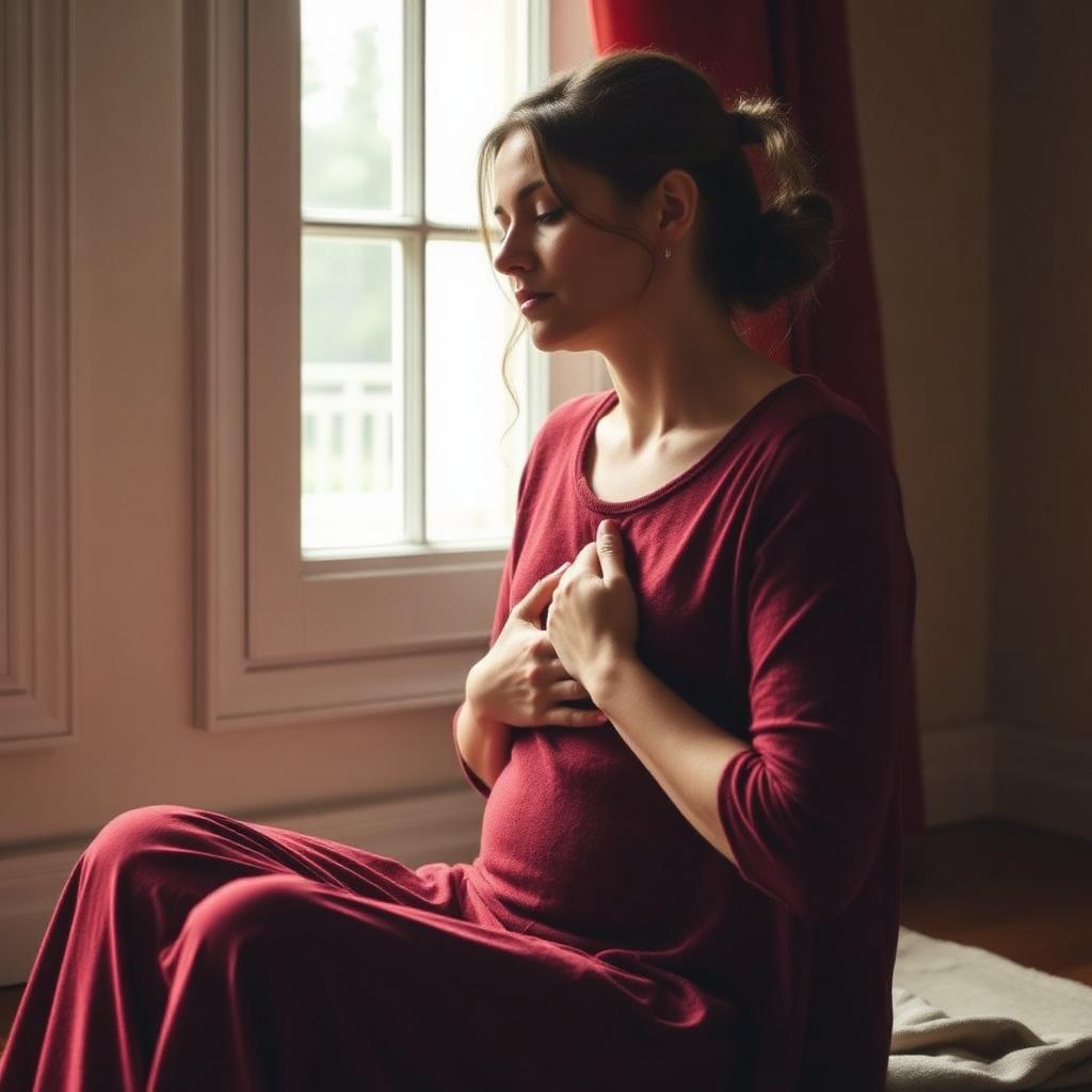 Woman with eyes closed in breath prayer, hands over heart