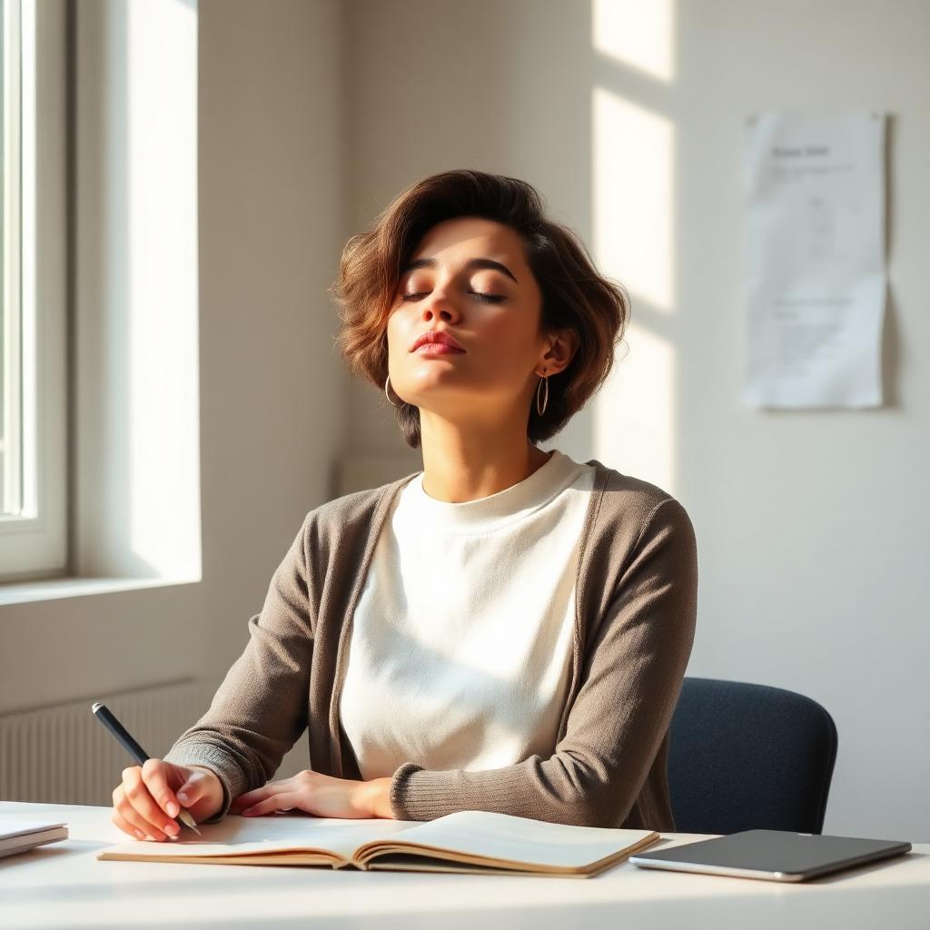 Woman doing breathwork at her desk in afternoon light