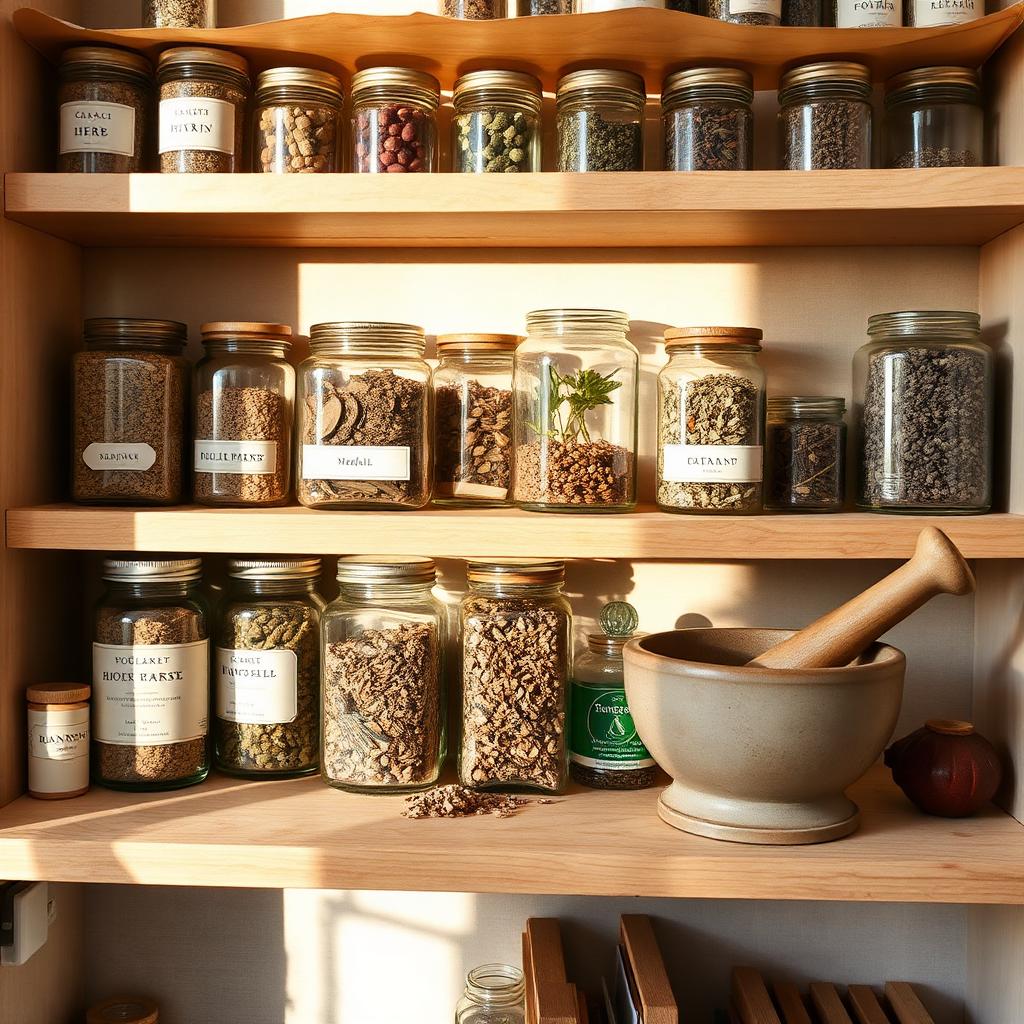 A small home apothecary shelf with jars, labels and dried herbs