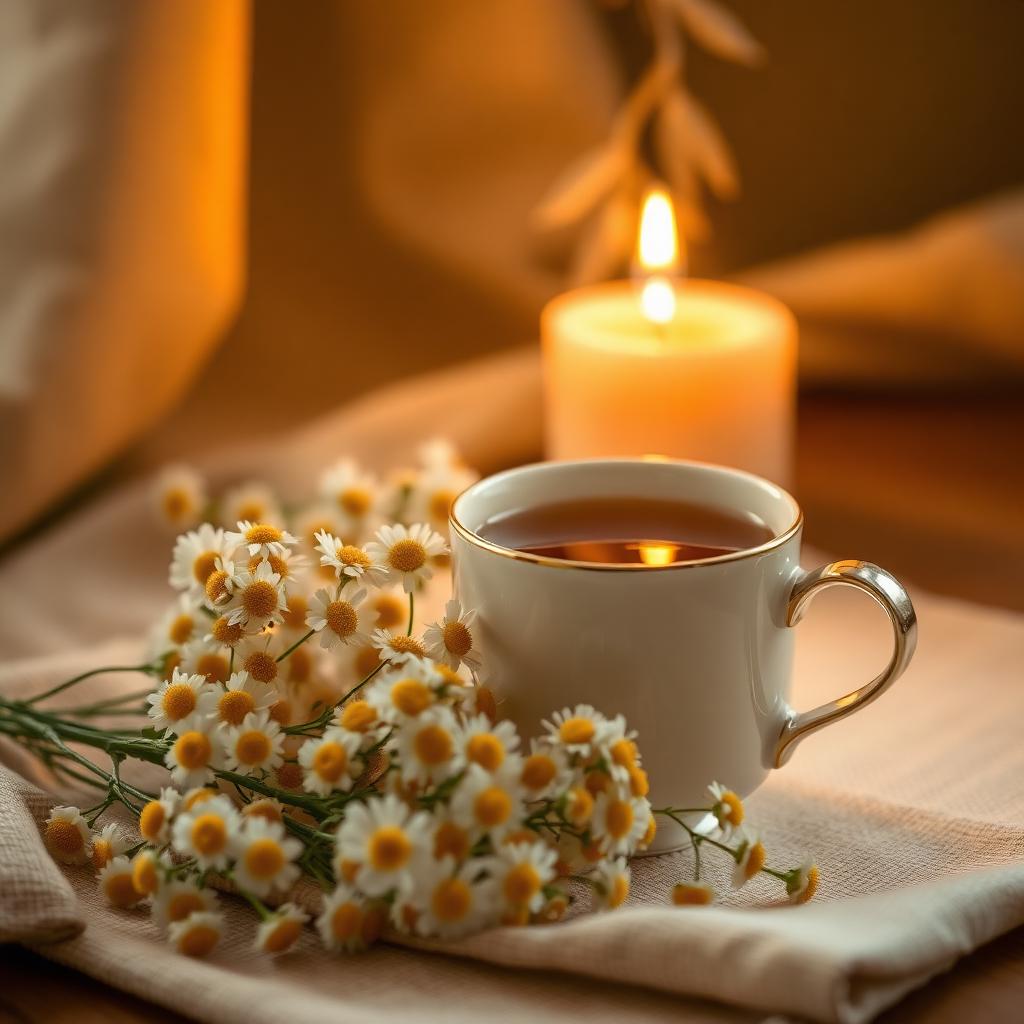Chamomile flowers floating in a clear glass teapot at golden hour