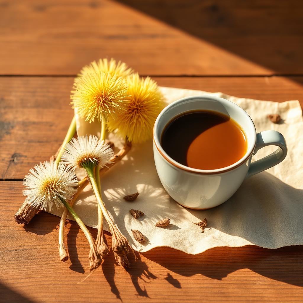 Roasted dandelion root pieces and a stoneware mug of dark herbal brew