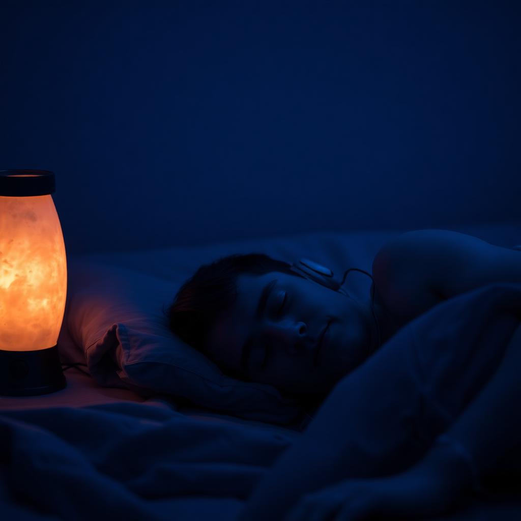 Dark bedroom with sleep headphones and delta wave visualisation