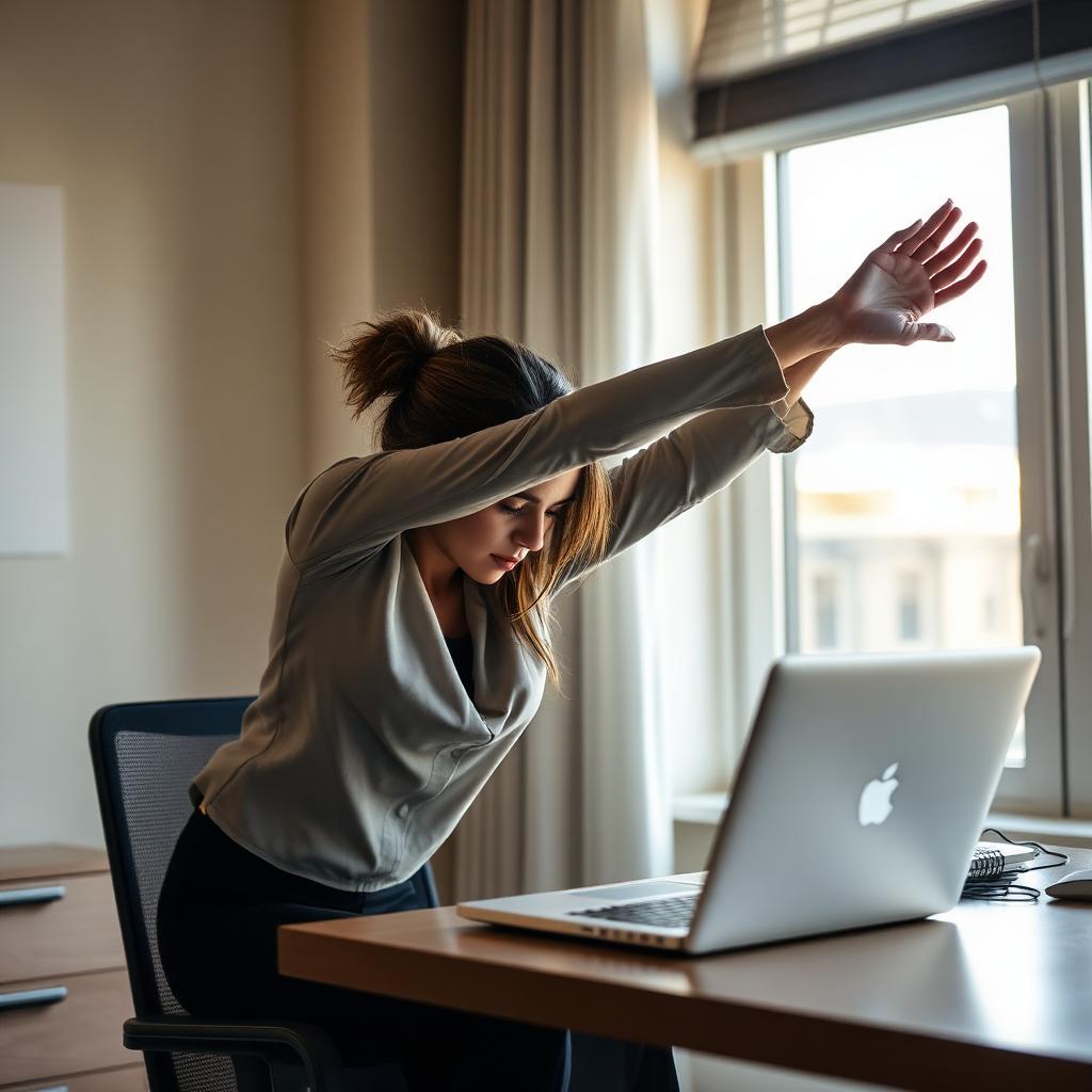 Simple stretches at a desk with a chair and computer