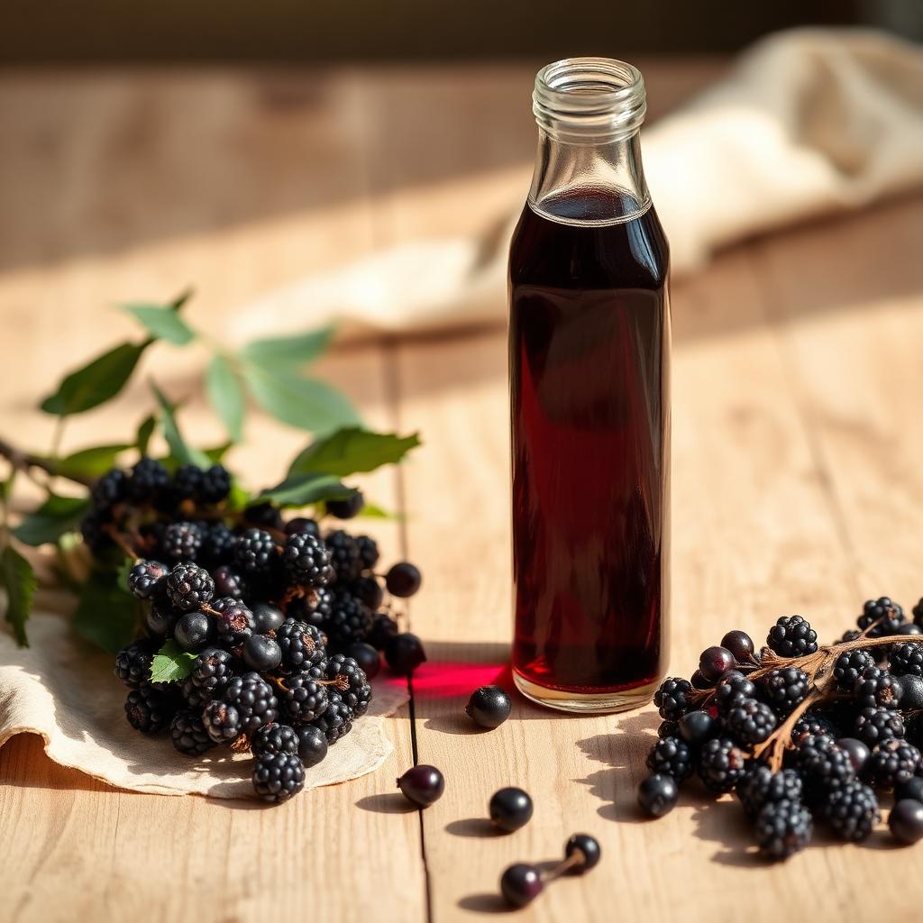 Dark elderberries simmering in a small copper pot with glass bottles