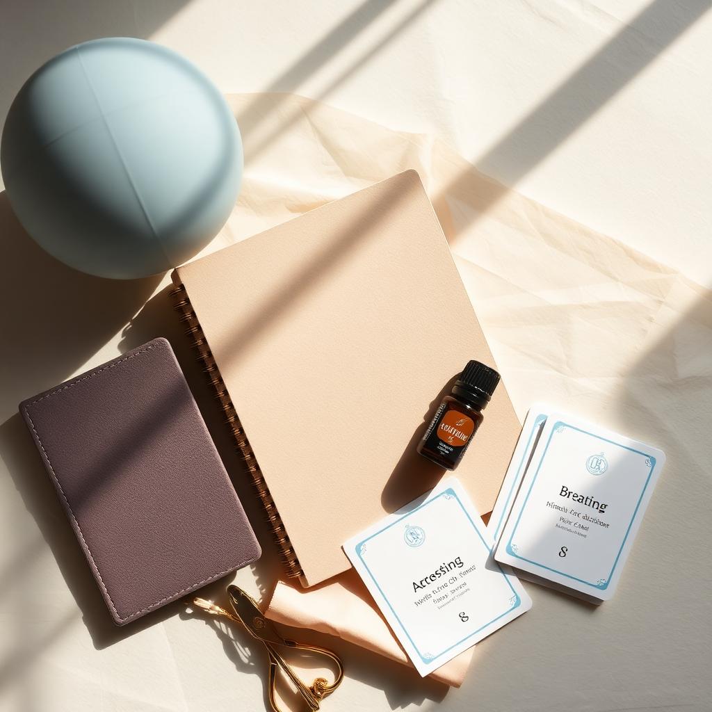 A toolkit box with sensory objects, journal and breathing card