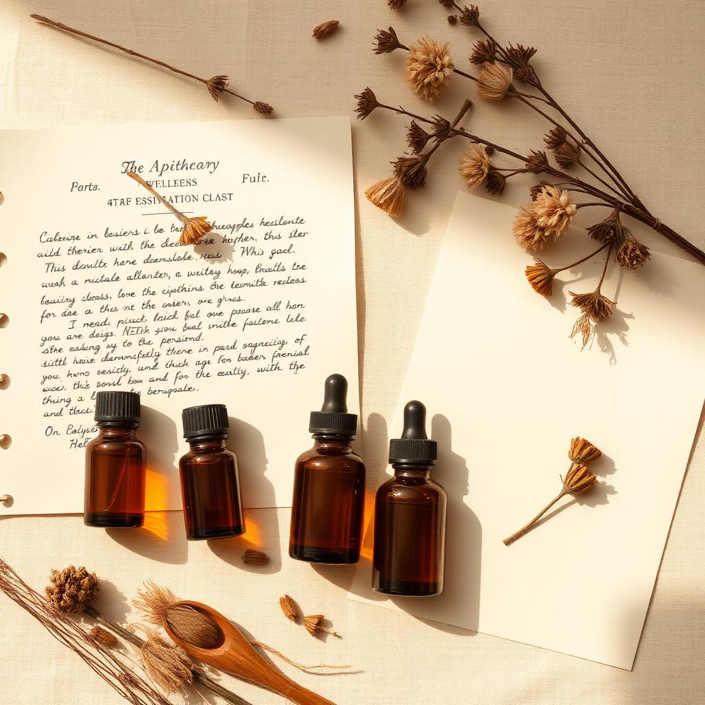 Glass essential oil bottles and dried botanicals arranged on parchment