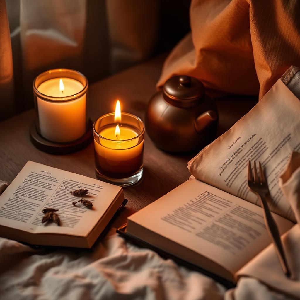 Evening ritual with candle, tea, book and soft blanket