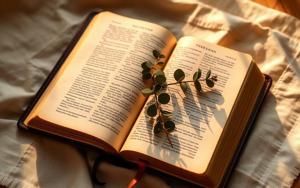 An open Bible with a sprig of eucalyptus resting on linen in golden light