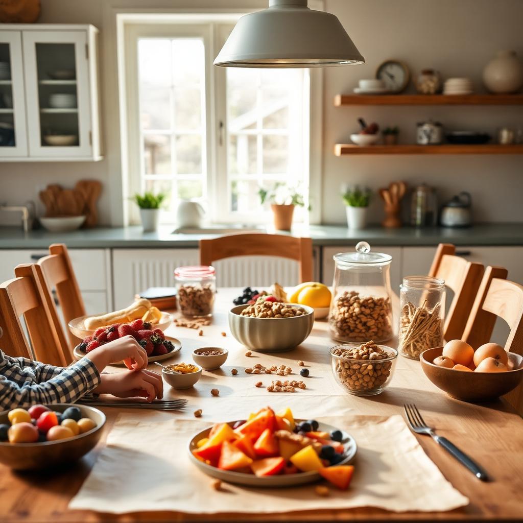 A family kitchen with whole-food ingredient swaps displayed