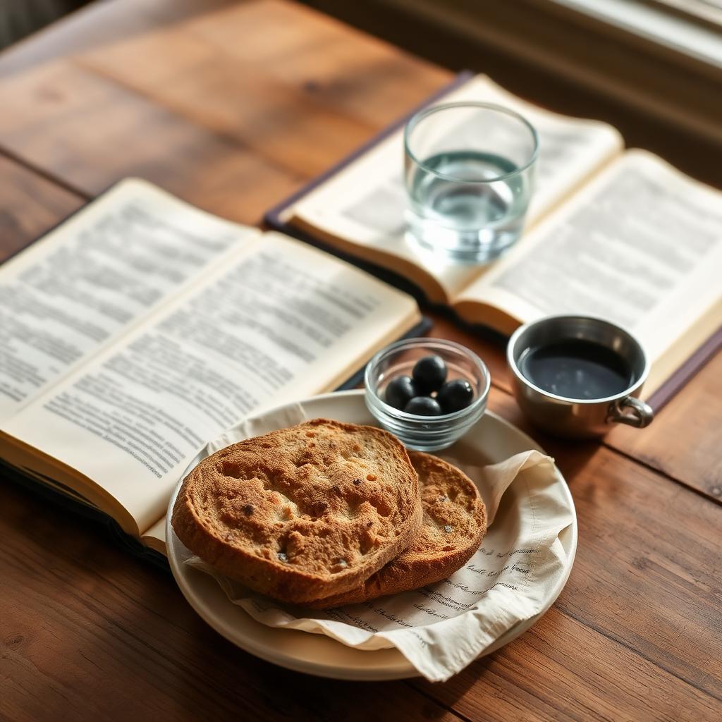A simple meal of bread and olives with a journal