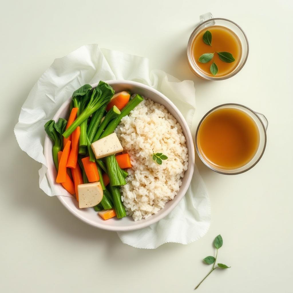 A simple reset meal of rice, vegetables and broth