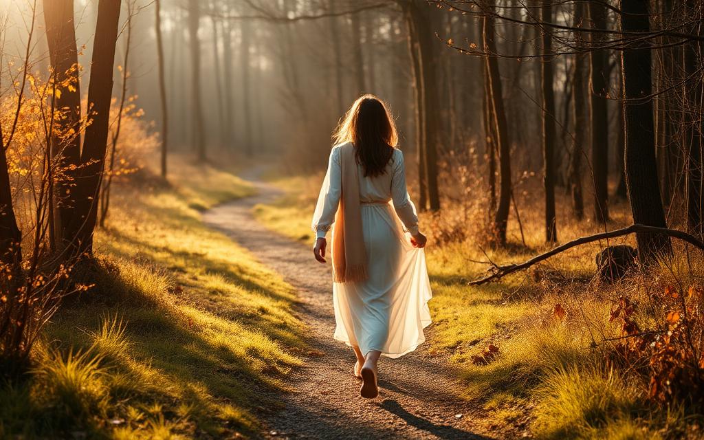 A woman walking along a woodland path in golden morning light