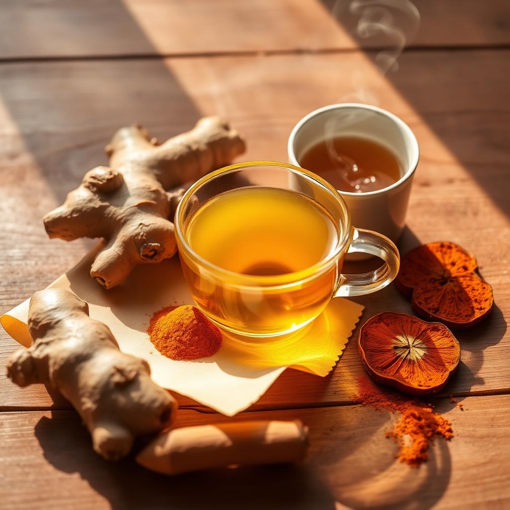 Sliced ginger and turmeric root beside a steaming golden cup of tea