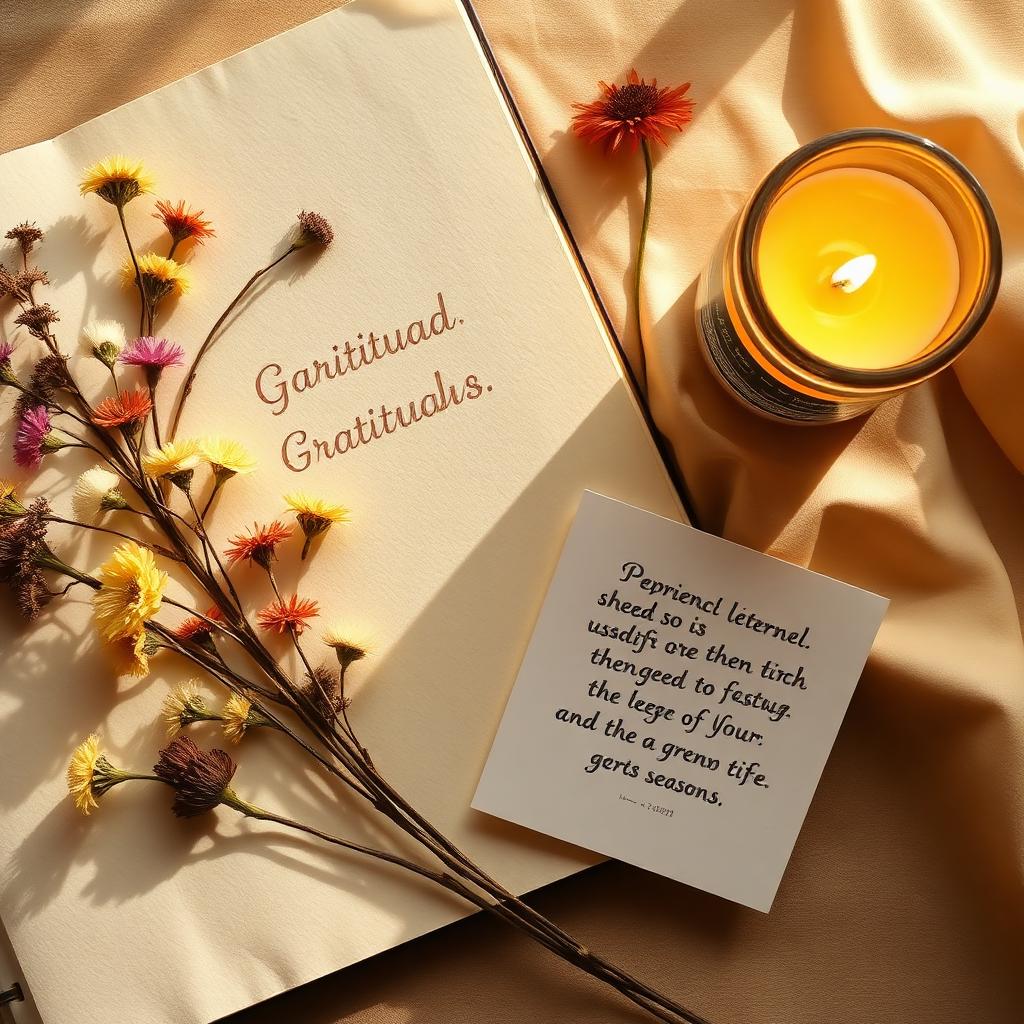 A gratitude journal, candles and dried flowers in a hard season