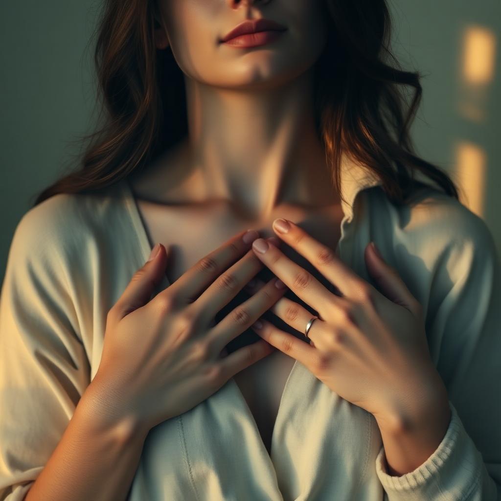 A woman holding her heart with a soft blanket nearby