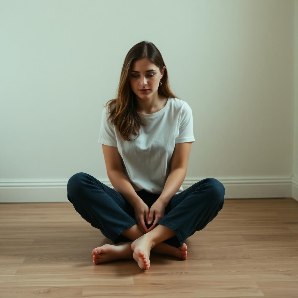 Woman grounding herself with feet on grass and hands on knees