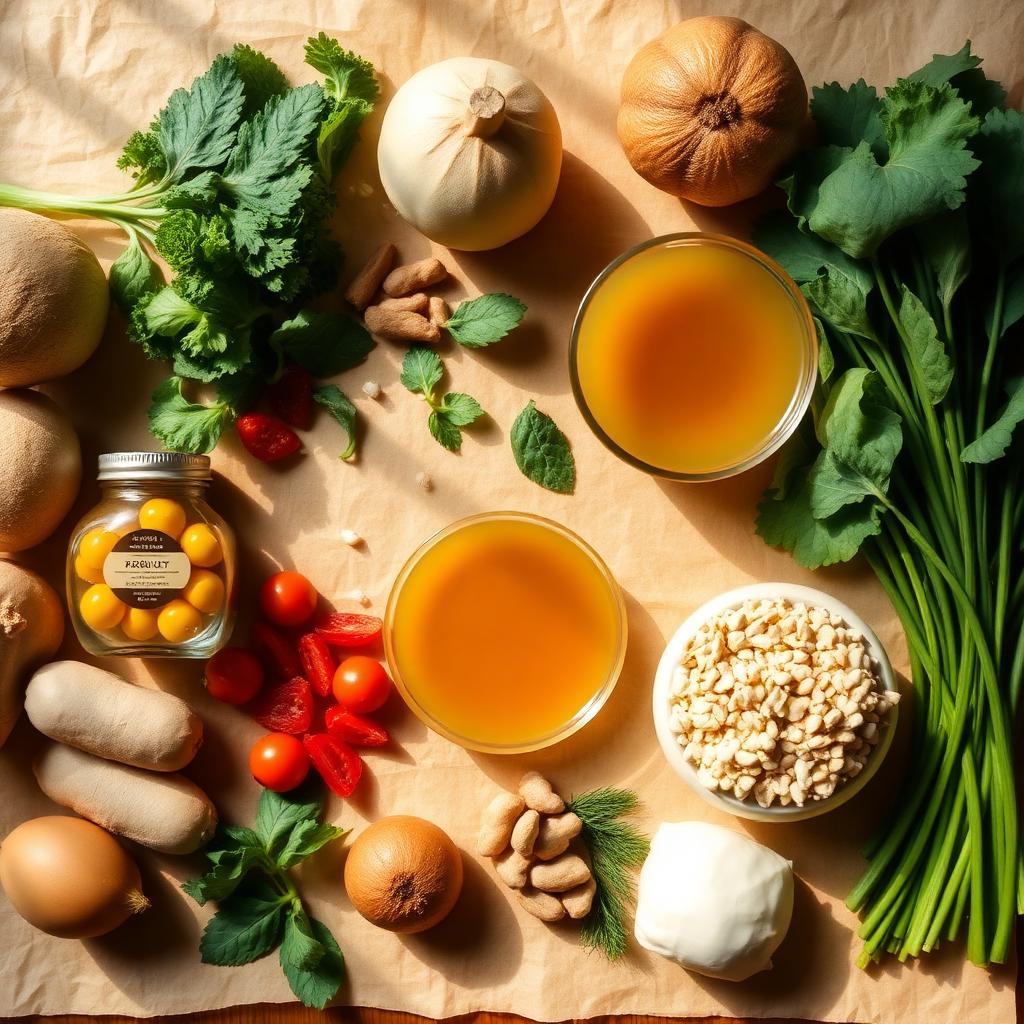Gut-healing foods including bone broth, fermented vegetables and greens