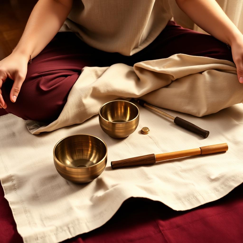 Ancient singing bowls and tuning forks on an embroidered cloth