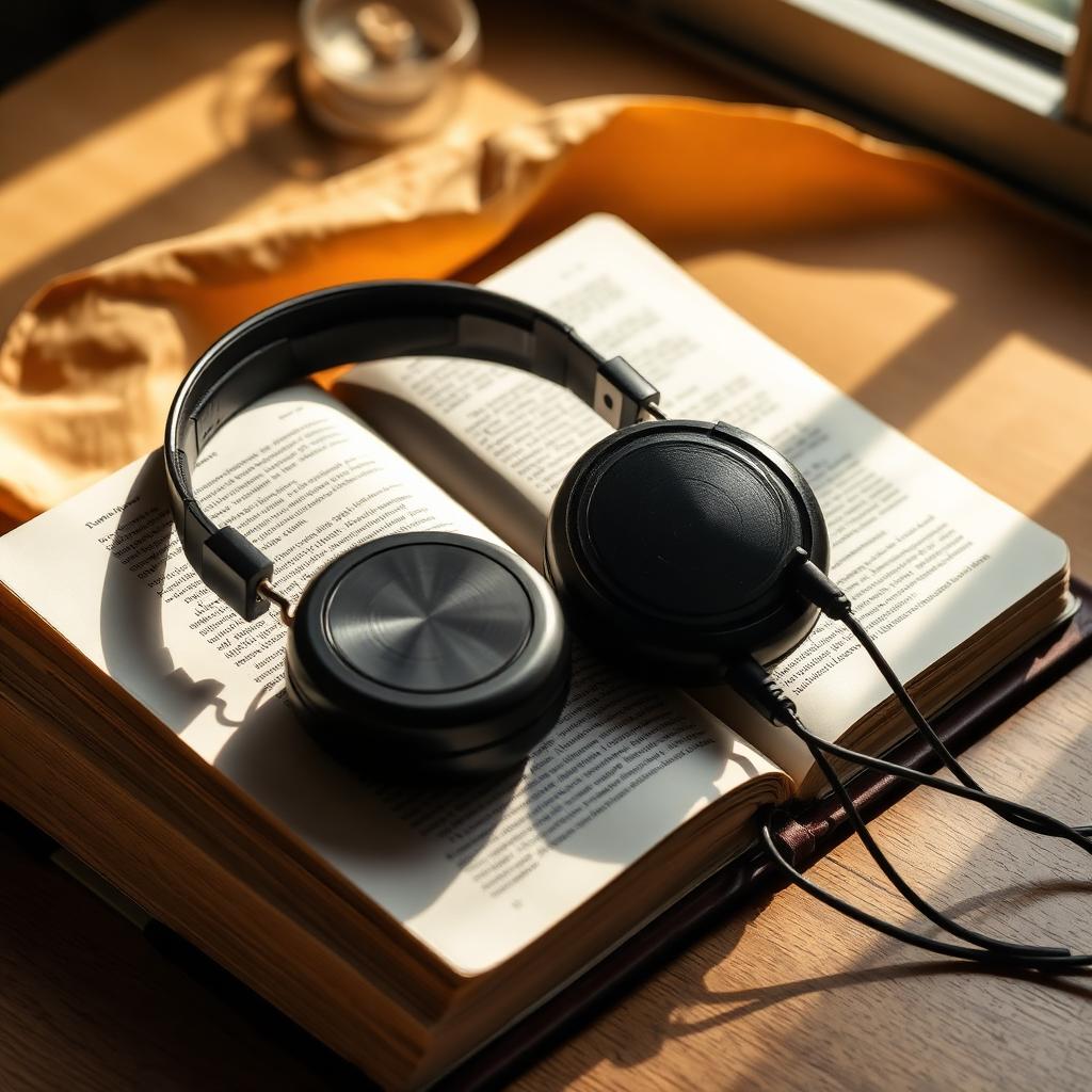 Vintage microphone and headphones with soft prayer beads