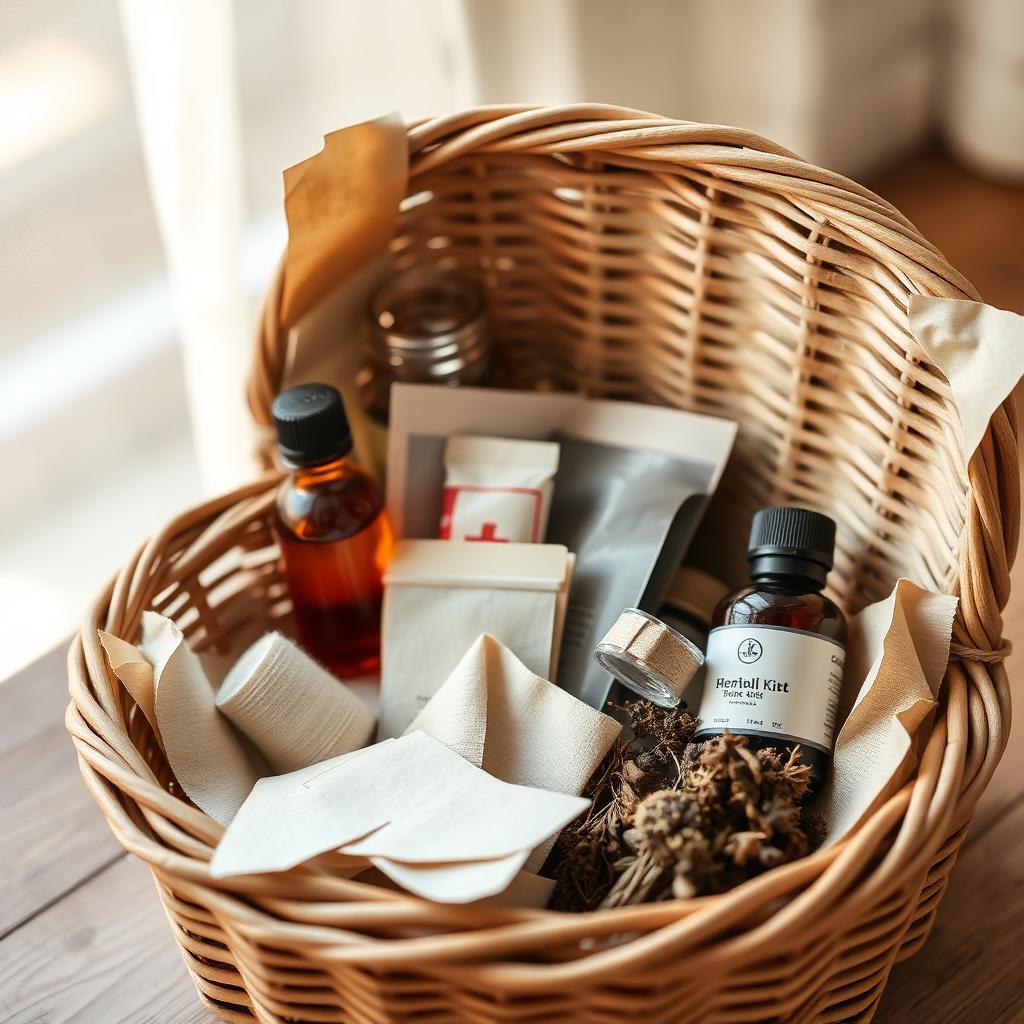A compact herbal first aid kit with bandages and dried plantain