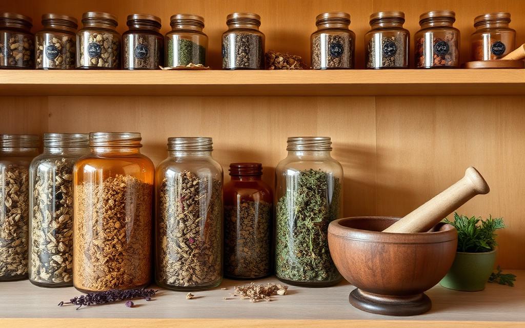 Amber apothecary jars of dried herbs on a wooden shelf with a mortar and pestle