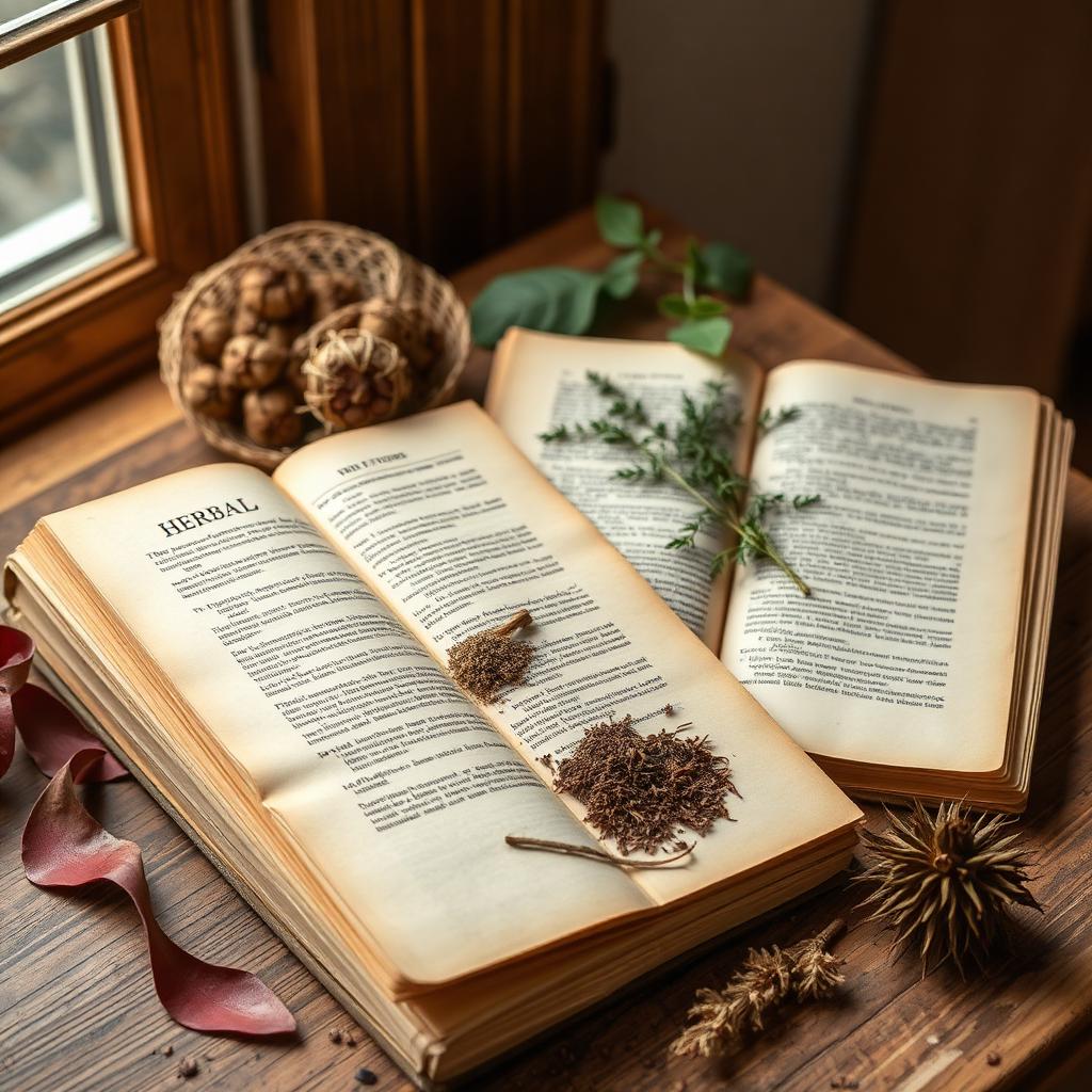 Ancient herbal manuscripts and dried botanicals on a wooden desk