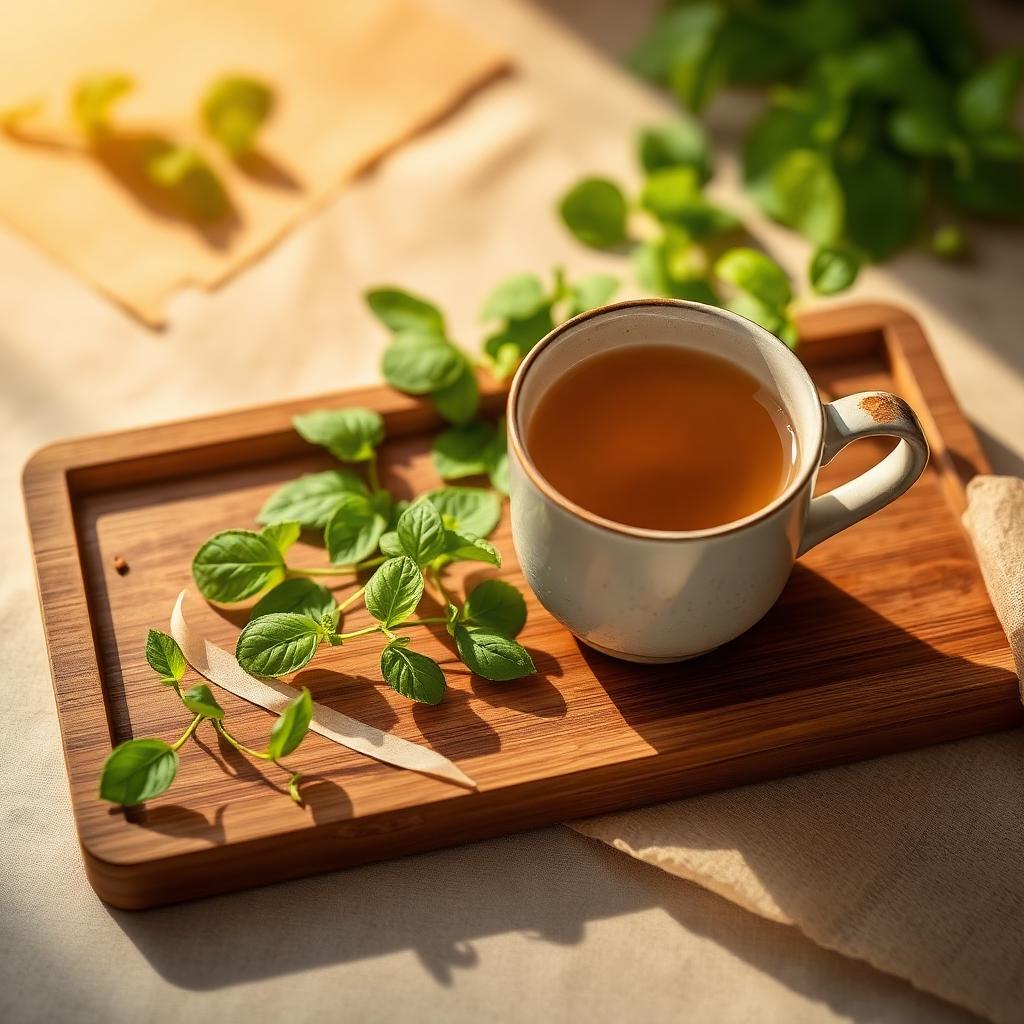 Holy basil leaves and a small clay cup of fragrant tea