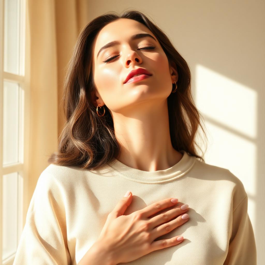 Woman humming softly with hands on her throat in a calm room