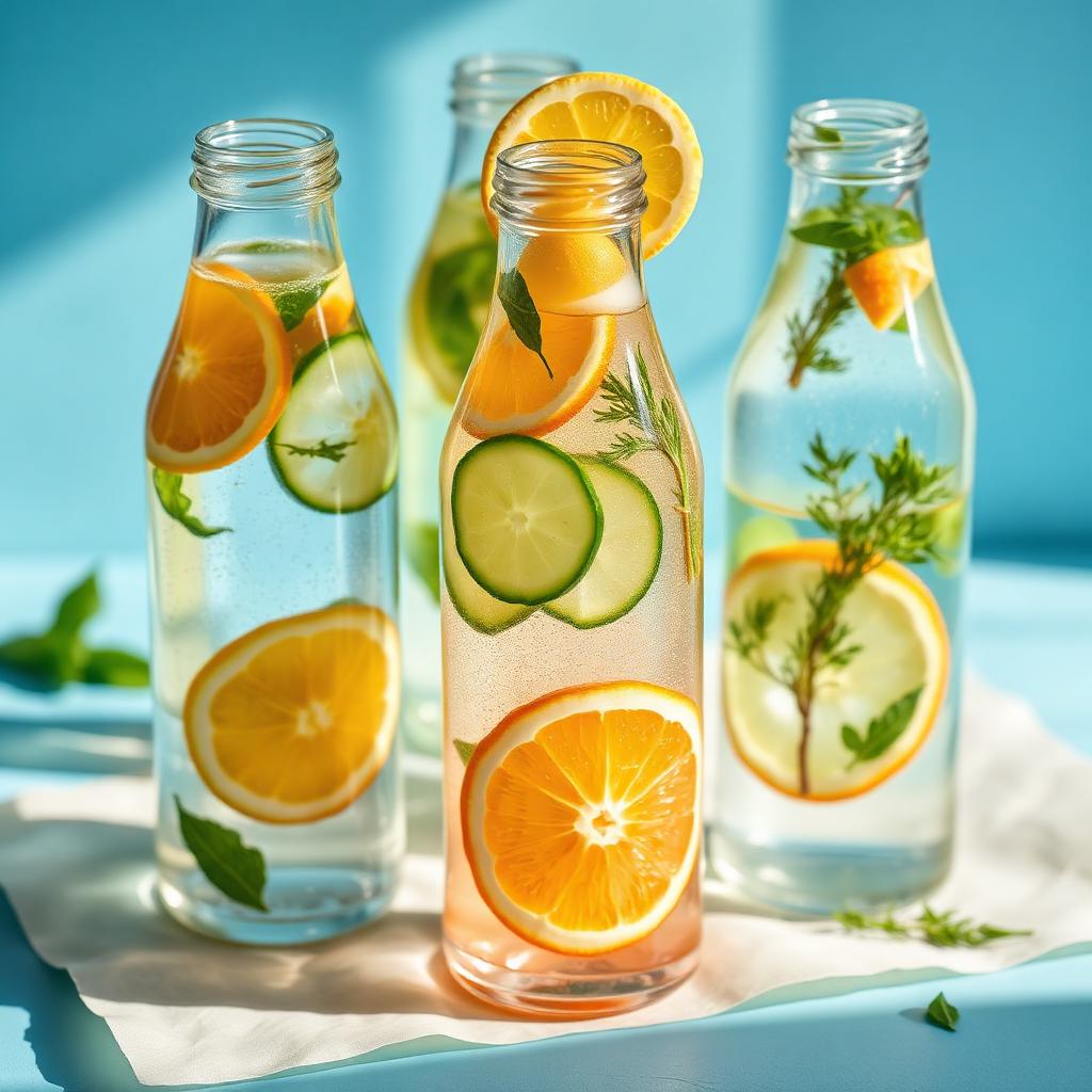 Infused water with citrus, cucumber and herbs on a table