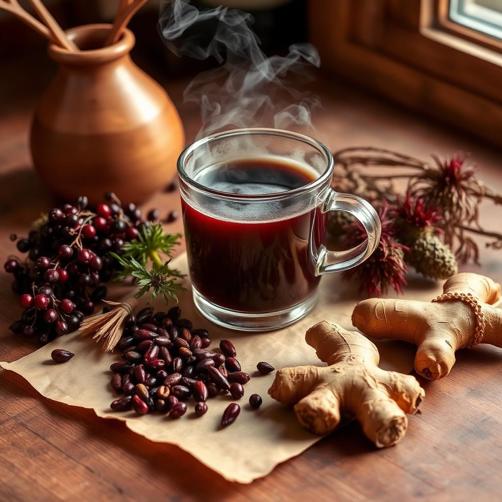 Winter immune herbs, elderberry syrup and warming spices on a wooden tray