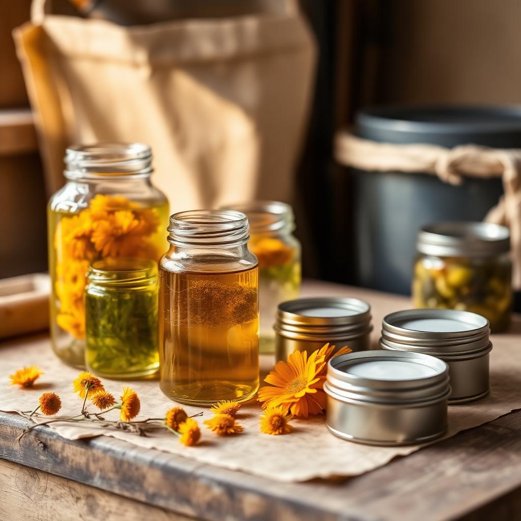 Herbs steeping in golden oil beside small tins of homemade salve