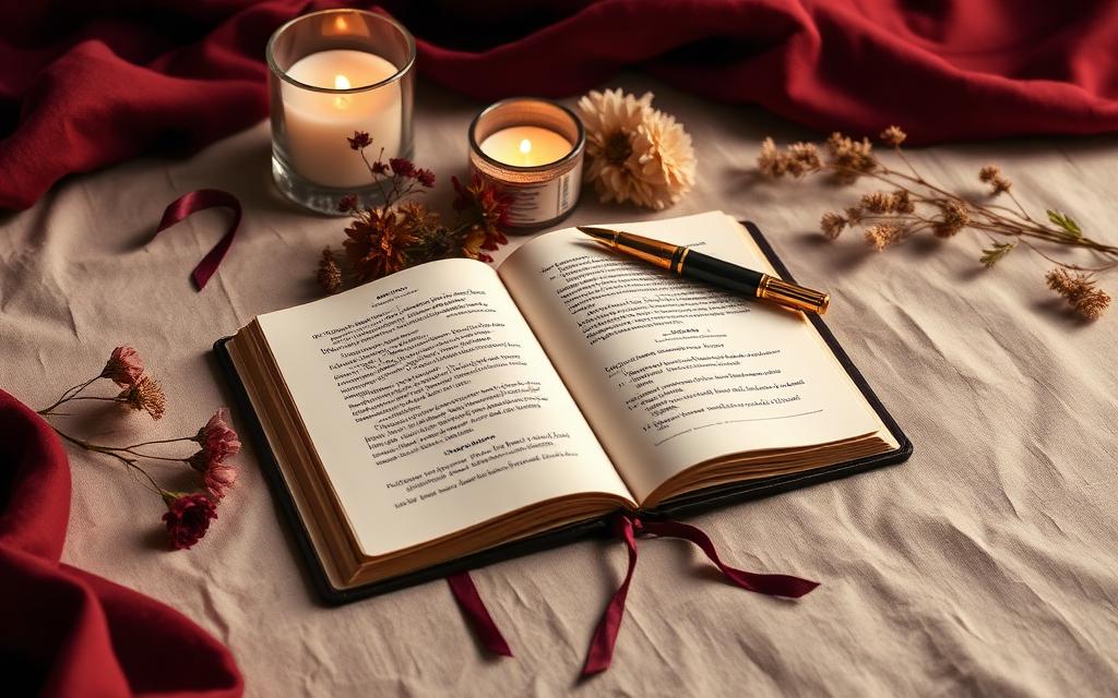 An open journal with a fountain pen, candles and dried flowers on linen