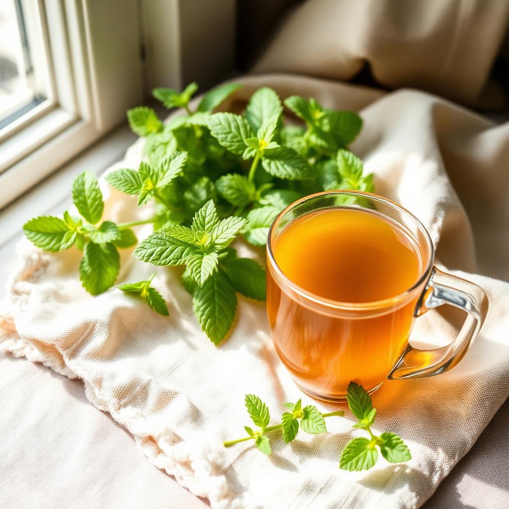 Fresh lemon balm sprigs and a delicate cup of tea by a sunny window