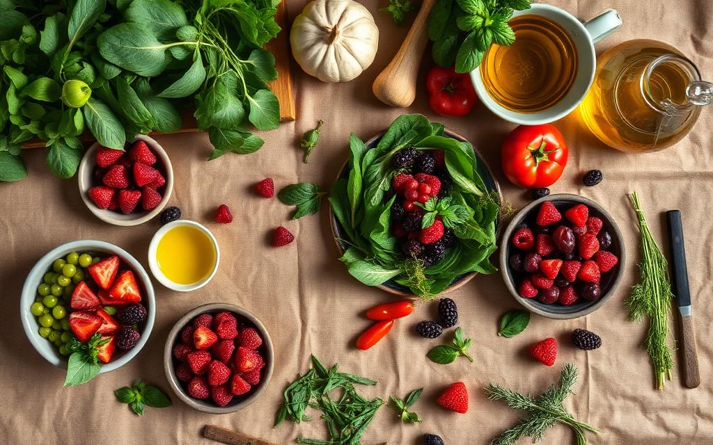 Fresh greens, berries, tomatoes, olive oil and herbs arranged on a linen cloth