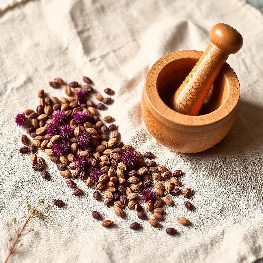Milk thistle seed heads and a small apothecary jar on a wooden surface