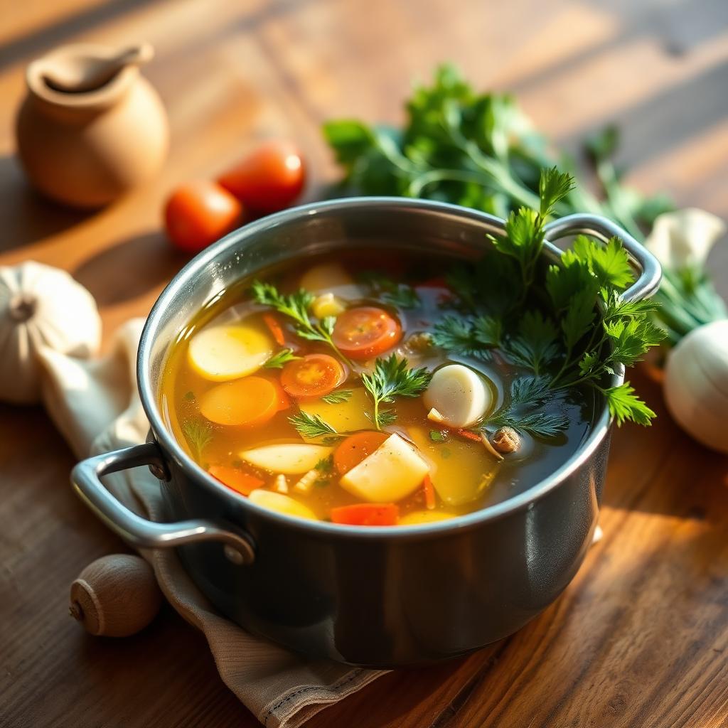 A rich mineral broth with seaweed and vegetables in a pot
