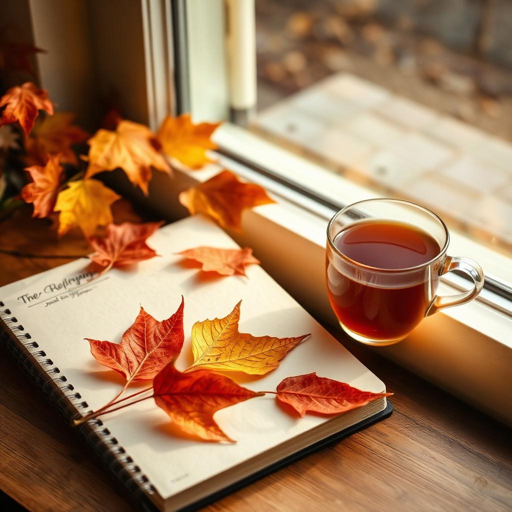 Seasonal reflection journal with autumn leaves and candles