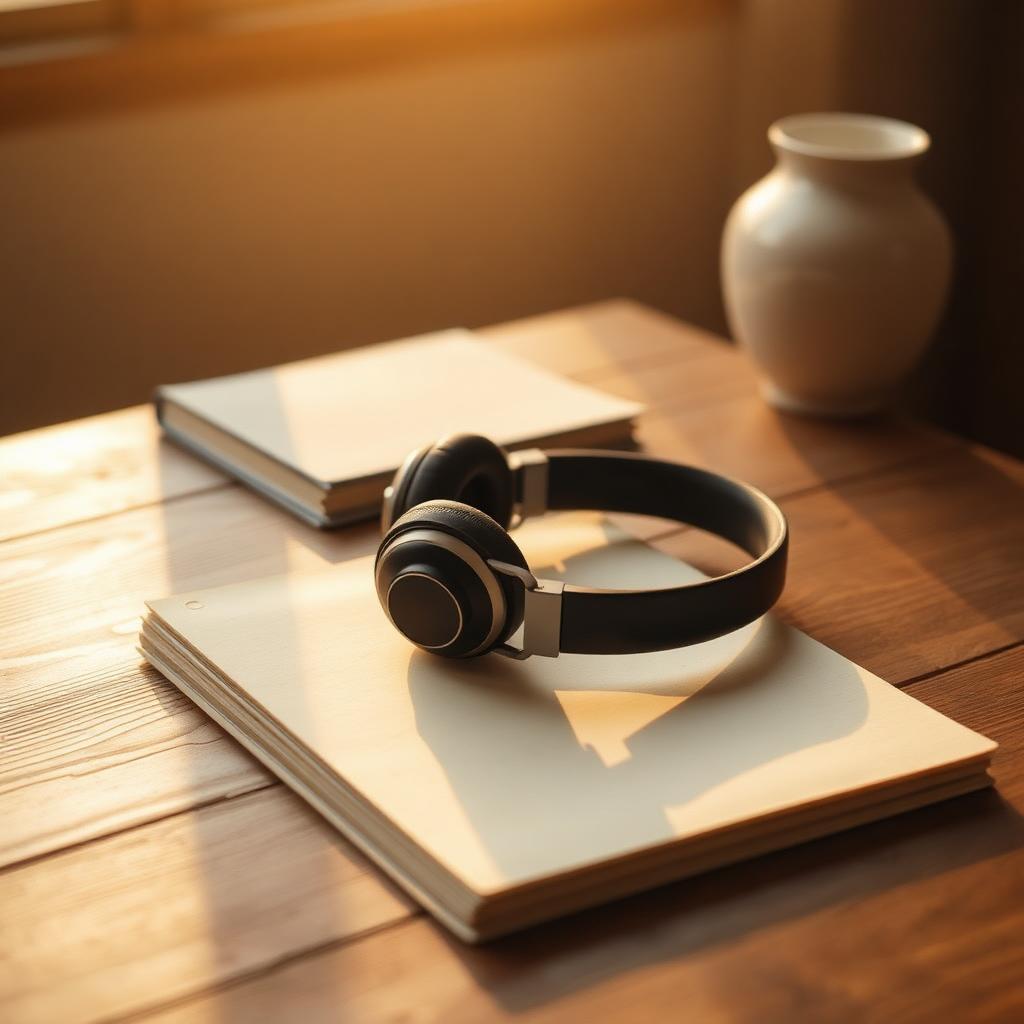 Sunlit meditation space with headphones and alpha wave tones