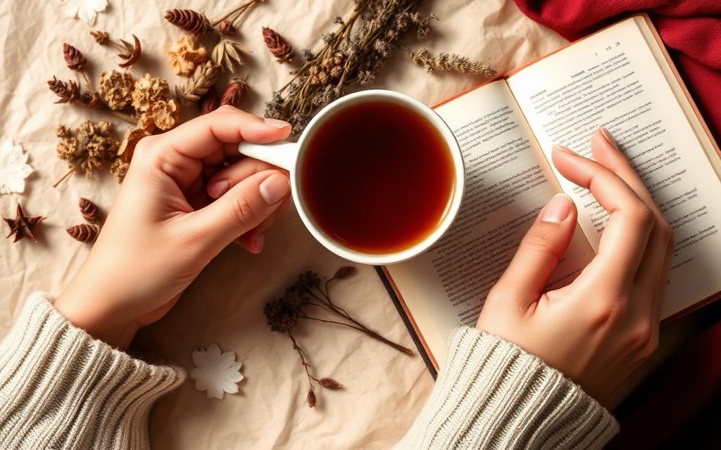 Hands holding a warm cup of herbal tea beside an open journal and dried herbs