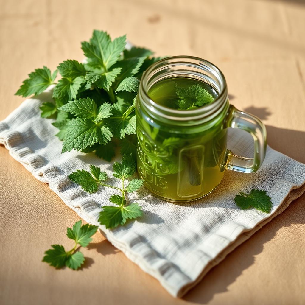 Fresh nettle leaves and a glass jar of herbal infusion in soft light