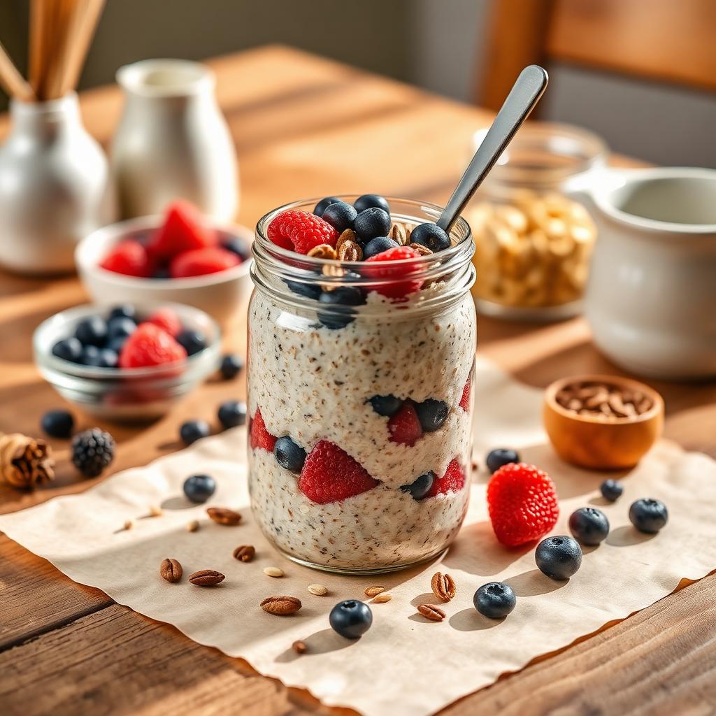 Glass jars of overnight oats with berries and chia seeds