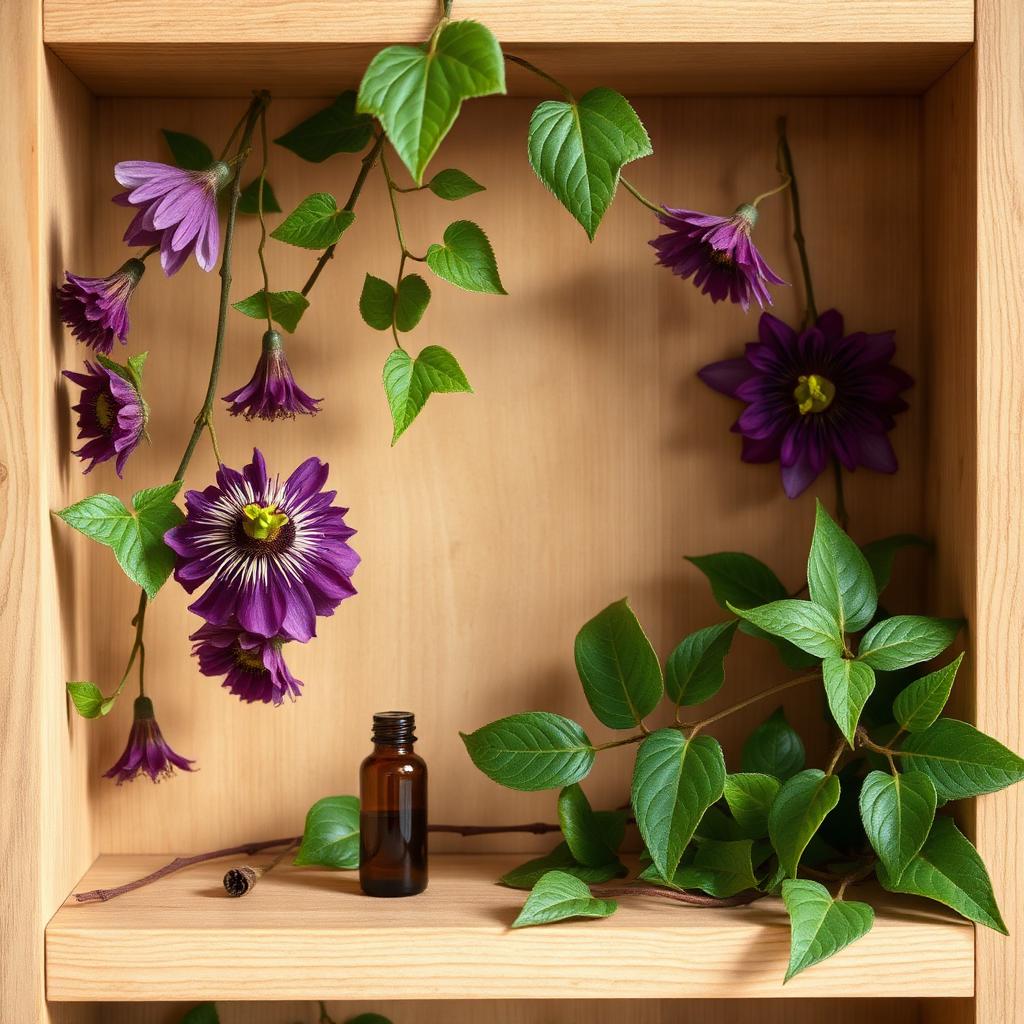 Amber dropper bottle beside dried passionflower vine on linen