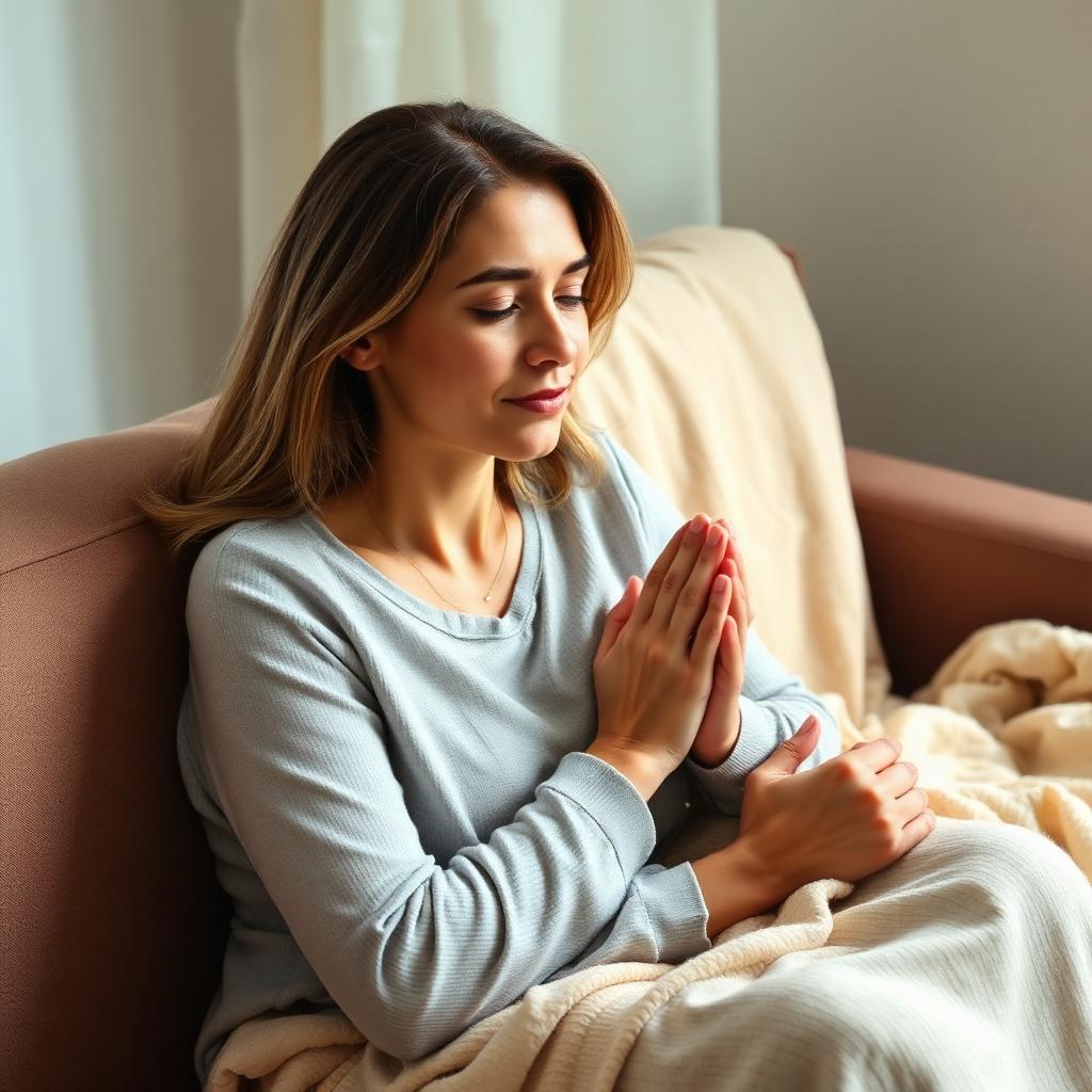 Folded hands and an open journal in a softly lit room